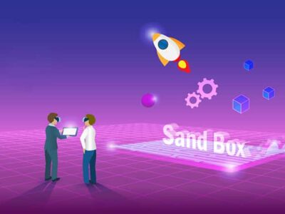 Sandbox, demo test software programing. Virtual experiment development technology in metaverse cyber space simulation background