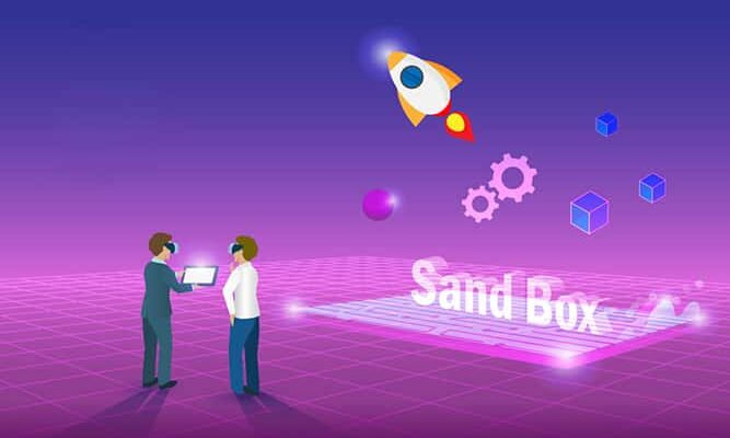 Sandbox, demo test software programing. Virtual experiment development technology in metaverse cyber space simulation background