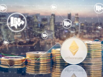 Ethereum ETH and cryptocurrency investing concept - Physical Ethereum coins with city background