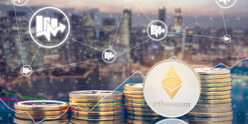 Ethereum ETH and cryptocurrency investing concept - Physical Ethereum coins with city background