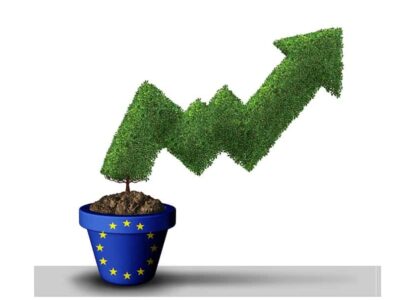 European stocks rise and Europe economic prosperity as a global rally as a symbol of growth as a plant arrow chart growing upward to higher profits and gains or positive sentiment with 3D illustration elements.