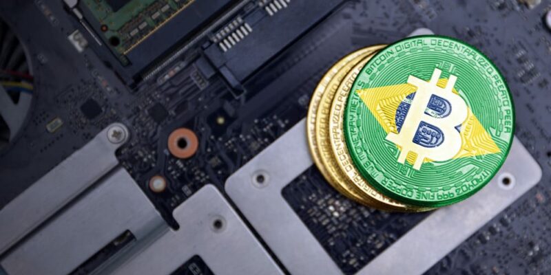 golden shining bitcoins with flag of brazil on a computer electronic circuit board. bitcoin mining concept.