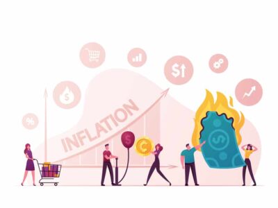 Inflation Concept. Finance Market Risk Crisis in Percentage Rate. Tiny Male Female Characters Money Value Recession, Price Increase Process. Unstable Nominal Worth. Cartoon People Vector Illustration