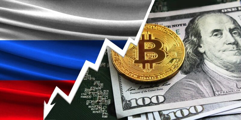 flag of Russia depicted with US dollars and bitcoin coins with graph