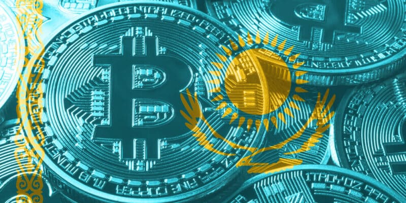 Kazakhstan bitcoin flag, national flag cryptocurrency concept black background