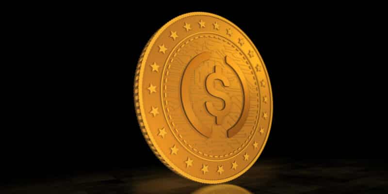 USDC cryptocurrency symbol gold USD coin on green screen background. Abstract concept.
