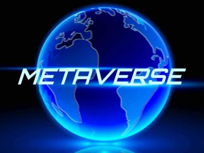 METAVERSE text on hologram planet earth. Internet supporting persistent online 3D virtual environments. Vector illustration.