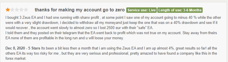User review for Zeus EA on the Forexpeacearmy site