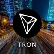 Concept of TRON Coin or TRX, a Cryptocurrency blockchain platform , Digital money, Cityscape background