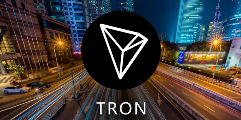 Concept of TRON Coin or TRX, a Cryptocurrency blockchain platform , Digital money, Cityscape background