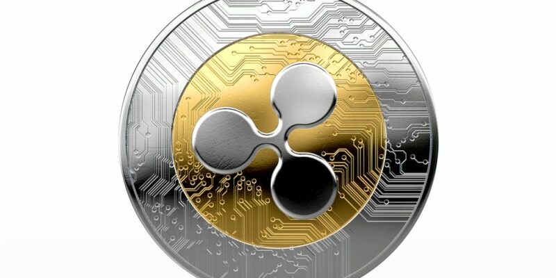 A physical ripple, cryptocurrency in gold and silver coin form on a dark studio background- 3D render