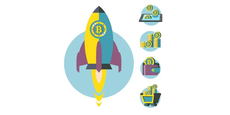 Bitcoin mining. Conceptual illustration. Vector clipart.