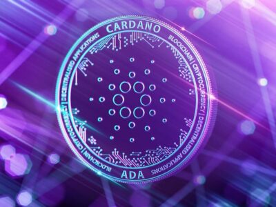 Neon glowing Cardano (ADA) in Ultra Violet colors with cryptocurrency blockchain nodes in blurry background. 3D rendering
