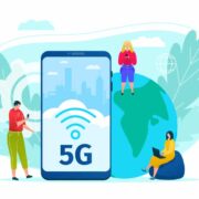 5g internet technology vector illustration. Global data connection and communication. People with mobile devices are sitting around big phone with 5G wireless network. High speed of new generation.