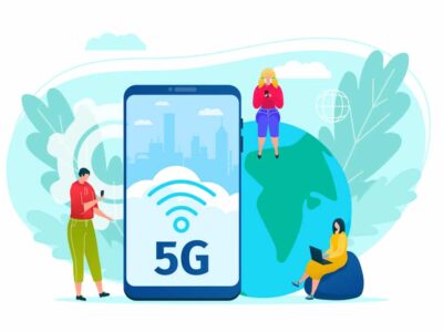 5g internet technology vector illustration. Global data connection and communication. People with mobile devices are sitting around big phone with 5G wireless network. High speed of new generation.