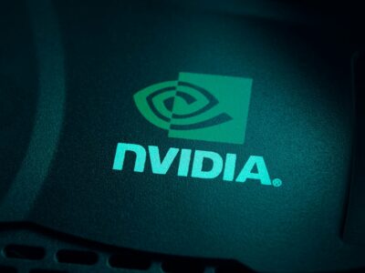 Nvidia logo. Merchandise of a famous company on a video card. Inventor of the GPU.