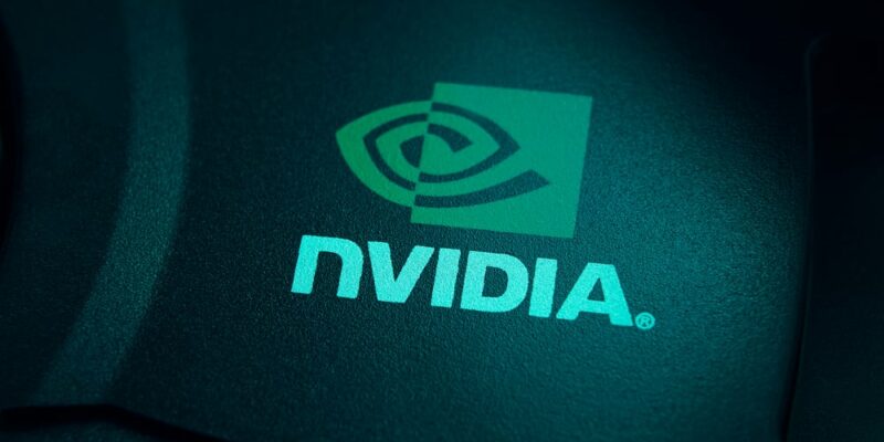 Nvidia logo. Merchandise of a famous company on a video card. Inventor of the GPU.