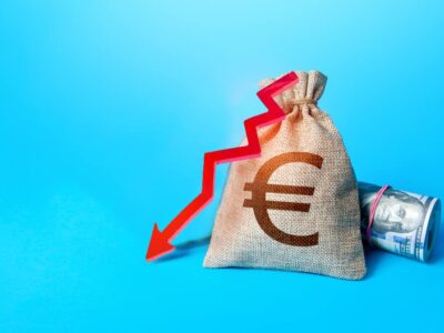 Euro money bag and red down arrow. Economic growth, GDP. Rise in profits, budget fees. Investments. Increase in the deposit rate. Increase income and business efficiency. Inflation acceleration.