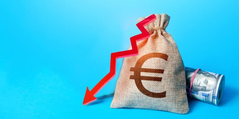 Euro money bag and red down arrow. Economic growth, GDP. Rise in profits, budget fees. Investments. Increase in the deposit rate. Increase income and business efficiency. Inflation acceleration.