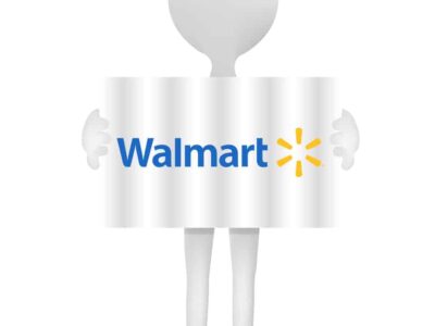 Editorial vector image. The Walmart logotype in flag form and placed on waving background held by a 3d man.