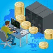 Flat 3d isometric man on computer online mining bitcoin concept. Bitcoin mining equipment. Digital Bitcoin. Golden coin with Bitcoin symbol in electronic environment
