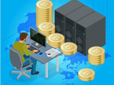 Flat 3d isometric man on computer online mining bitcoin concept. Bitcoin mining equipment. Digital Bitcoin. Golden coin with Bitcoin symbol in electronic environment