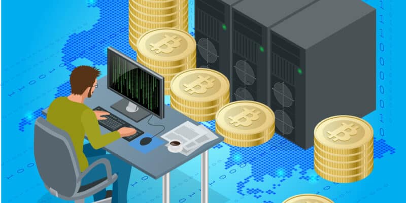 Flat 3d isometric man on computer online mining bitcoin concept. Bitcoin mining equipment. Digital Bitcoin. Golden coin with Bitcoin symbol in electronic environment