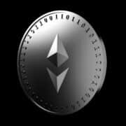 Silver coin with the symbol of the digital crypto currency Ethereum and binary code, isolate on a black background, 3D rendering