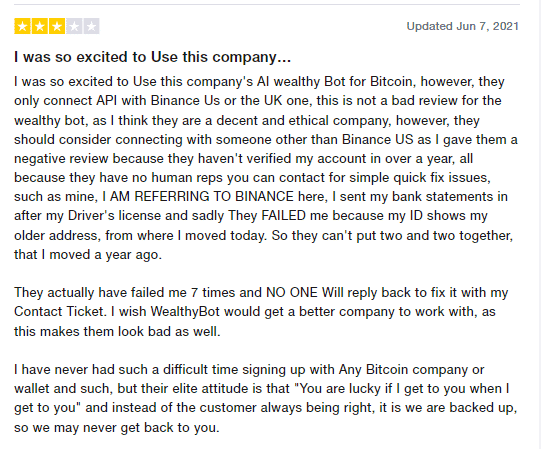 User review for Wealthybot on the Trustpilot siteUser review for Wealthybot on the Trustpilot site